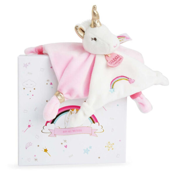 Doudou plat Licorne rose et blanche