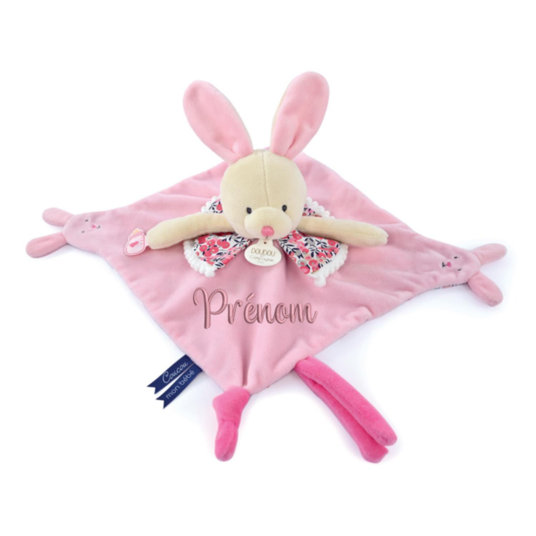 Doudou plat lapin rose avec marionnette à doigt