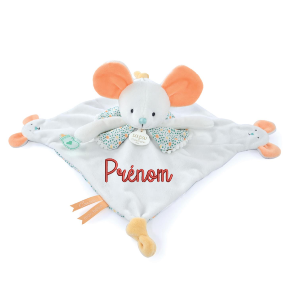 Doudou plat souris blanc avec marionnette à doigt